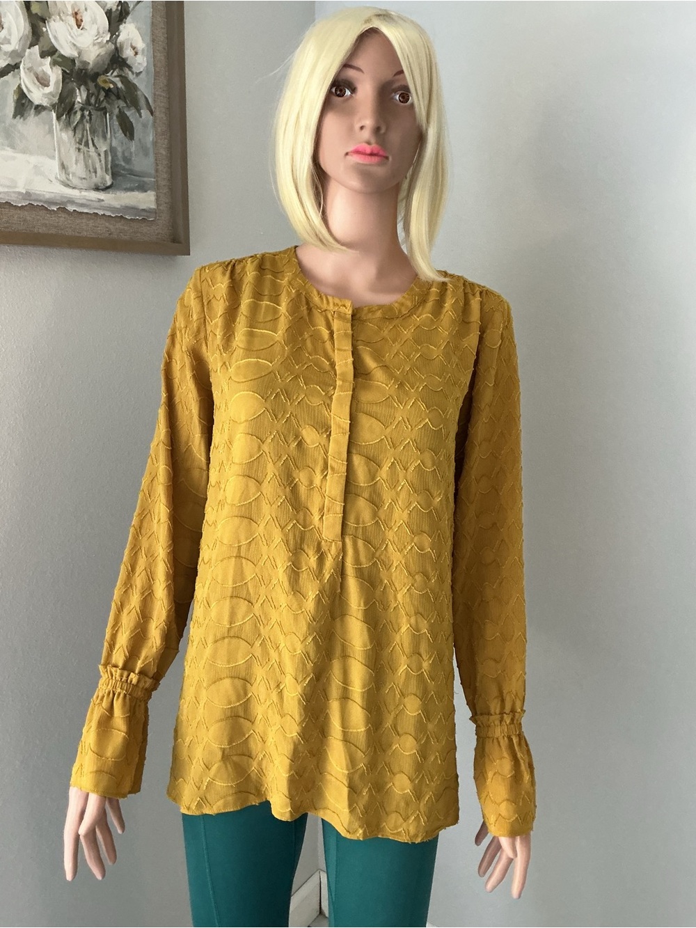 Ann Taylor Mustard Textured Long-Sleeve Blouse r